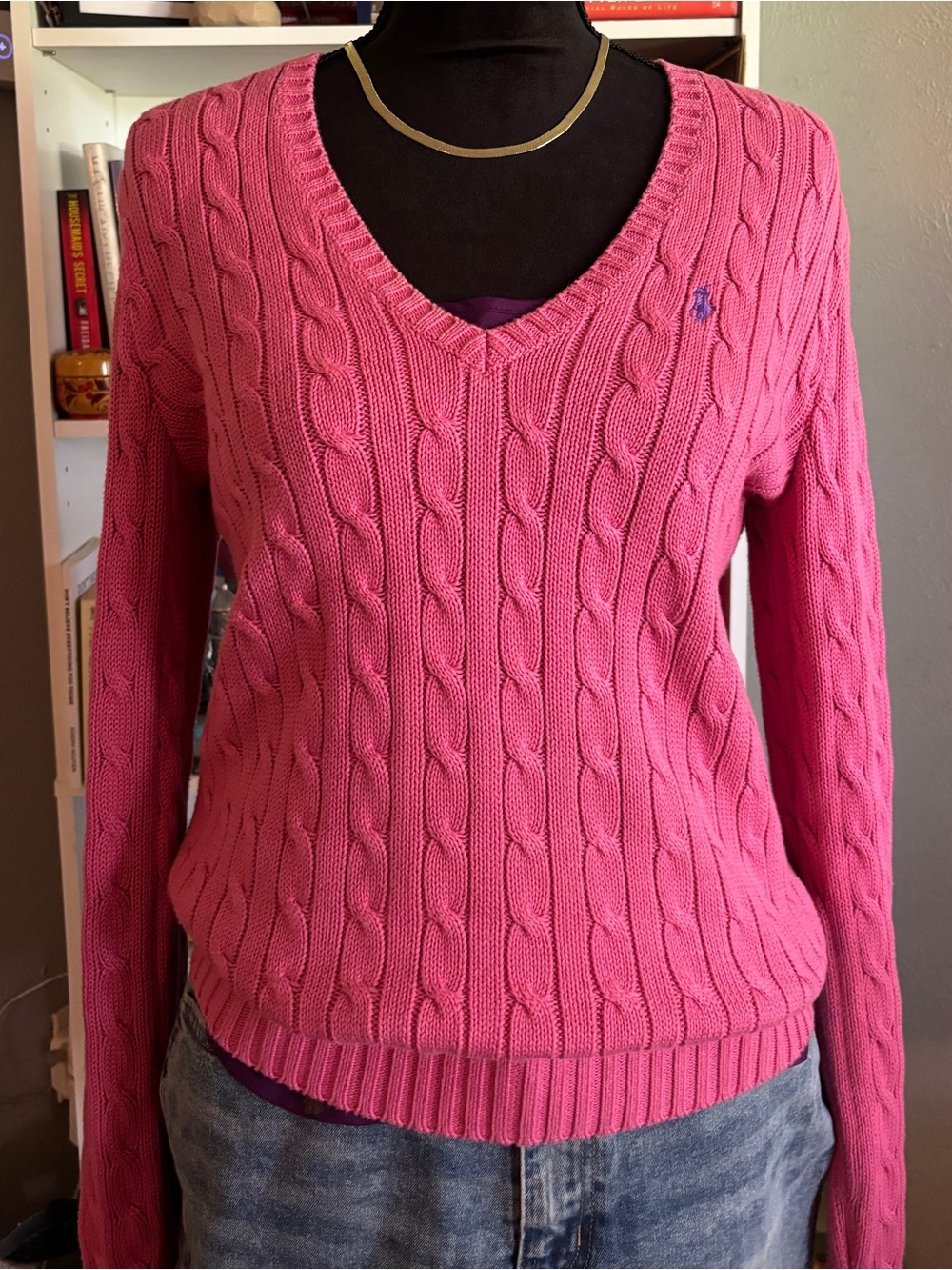 Vintage 90s/Y2K Preppy Pink Ralph Lauren Cable Knit V-Neck Sweater